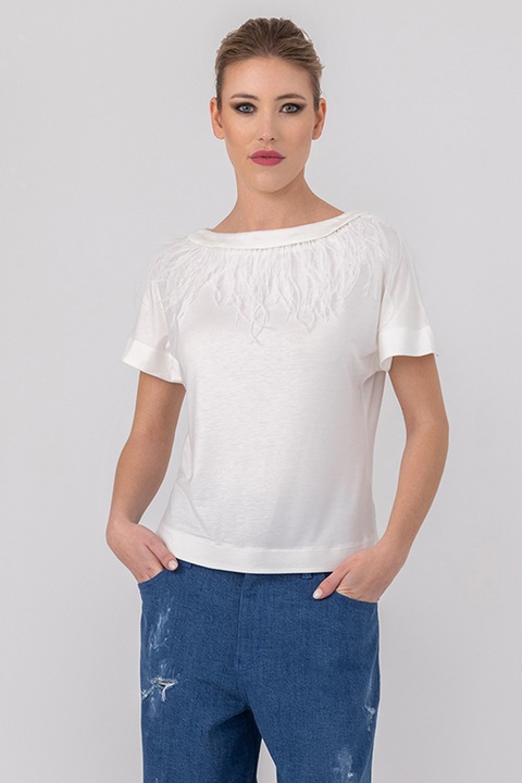 HELENE GALWAS, Tricou cu aplicatii cu pene Alexandra, Alb optic