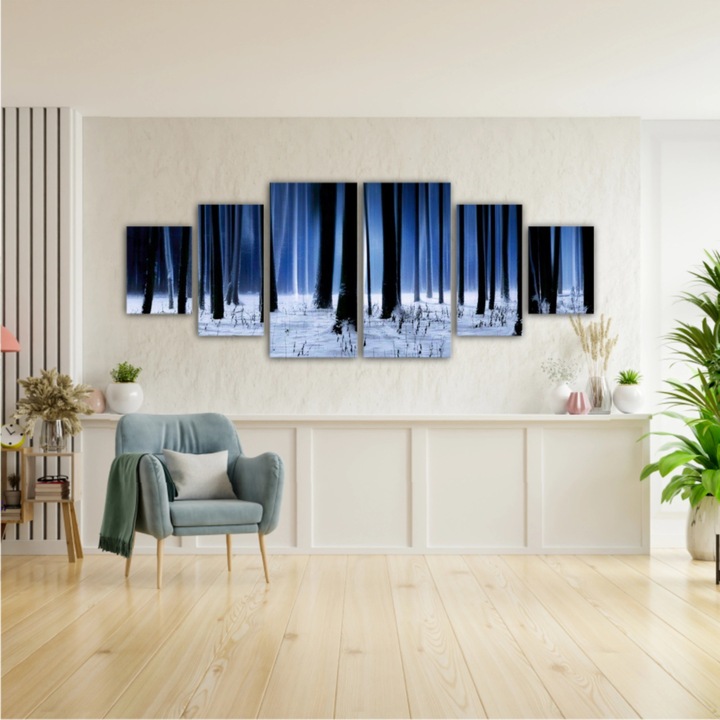 Set 6 Tablouri Multicanvas, Padurea albastra de iarna 0055, Tipar UV pe panza PREMIUM din BUMBAC (400 g.mp) si intins pe sasiu din lemn, Profil 2X3.6cm, Total D. 200X80 cm
