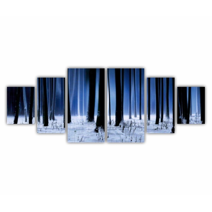Set 6 Tablouri Multicanvas, Padurea albastra de iarna 0055, Tipar UV pe panza PREMIUM din BUMBAC (400 g.mp) si intins pe sasiu din lemn, Profil 2X3.6cm, Total D. 200X80 cm