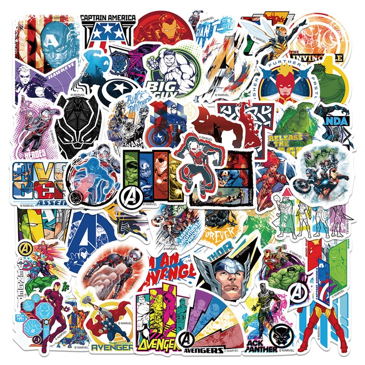 Set 50 stickere Avengers, PVC, Rezistente la apa, Multicolor