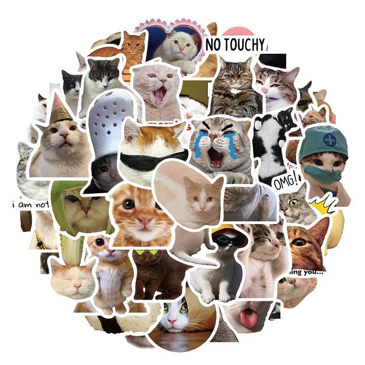 Set 50 stickere pisici, PVC, Rezistente la apa, Multicolor
