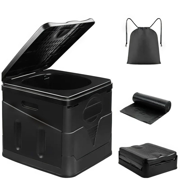 Set Toaleta portabil pliabil cu 12 saci de gunoi biodegradabili si sac de transport, pentru camping, cu capac, multifunctionala, pana la 180 kg, Polipropilen, 20L, 28x32x31cm, Negru