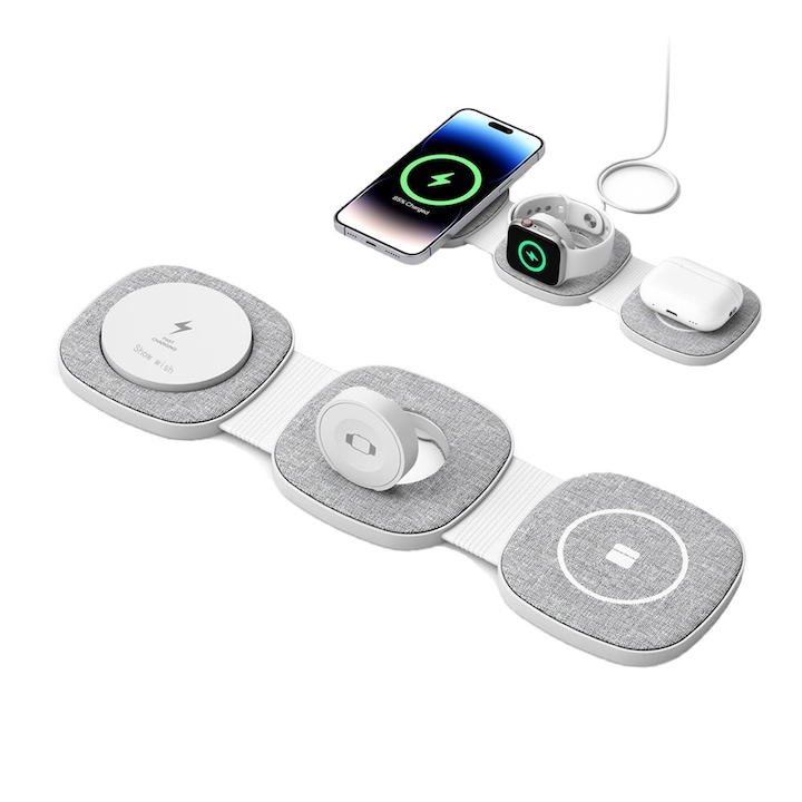 Incarcator Wireless 3 in 1, Fast Charge 15W, Pliabil, Statie de incarcare magnetica Magsafe QI, compatibil cu Apple Iphone, Samsung, doar Apple Watch, Airpods, universal, Adaptor Fast Charge inclus, Show wish®, Gri