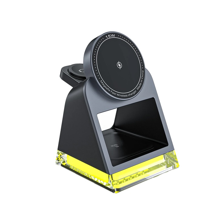 Incarcator wireless 3-in-1 cu cablu USB, OEM, Putere: 15 W, Material: ABS + PC + acrilic, Tehnologie: QuickCharge 3.0, Capacitate de incarcare: pana la 3 dispozitive in acelasi timp, Negru