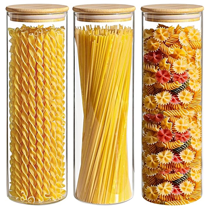 Set 3 recipiente de depozitare pentru paste, Zunseat, Sticla, 2200 ml, Transparent