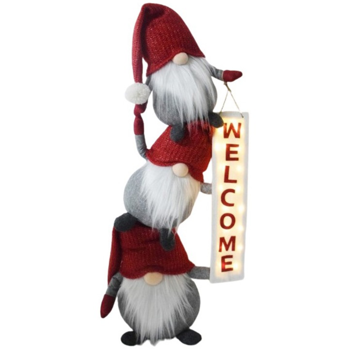 Figurina Craciun Kring, 3 spiridusi/gnomi, 105 cm, Rosu/Gri