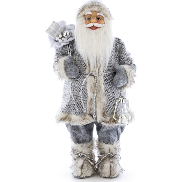 Фигурка Дядо Коледа Kring, 45 см, С торба за подаръци и фенер, Сребрист