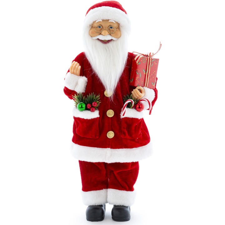 Figurina Mos Craciun Kring, 45 cm, cu cadouri si decoratiuni, Alb/Rosu