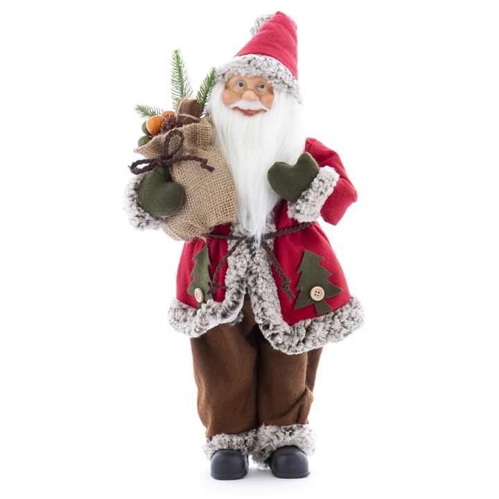 Фигурка Дядо Коледа Kring, 45 см, С торба с подаръци и фенер, Бял/Сив