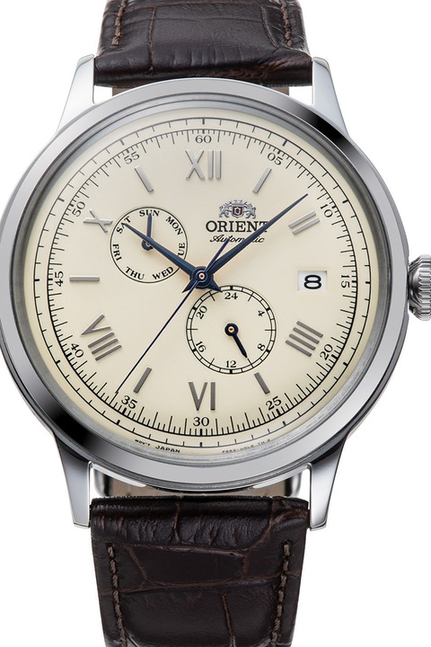 ORIENT, Автоматичен часовник с кожена каишка, Сребрист, Тъмнокафяв