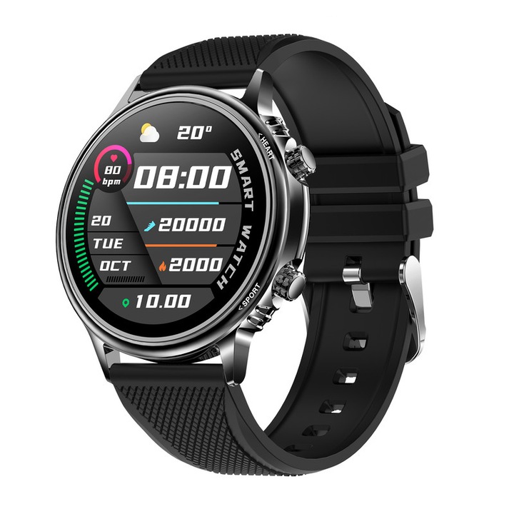 Смарт часовник, MISIRUN, Силикон, Съвместим с Android/iOS, 1,32 инча, Черен
