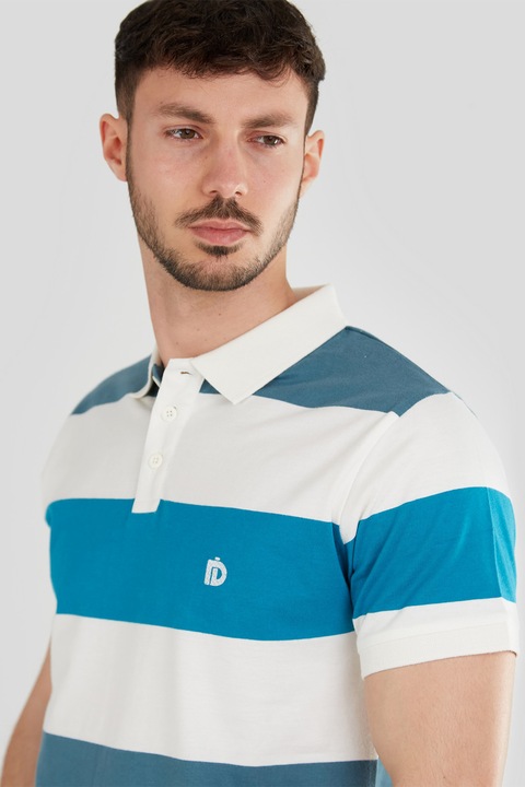 Fundango, Tricou polo regular fit cu model in dungi, Alb/Albastru