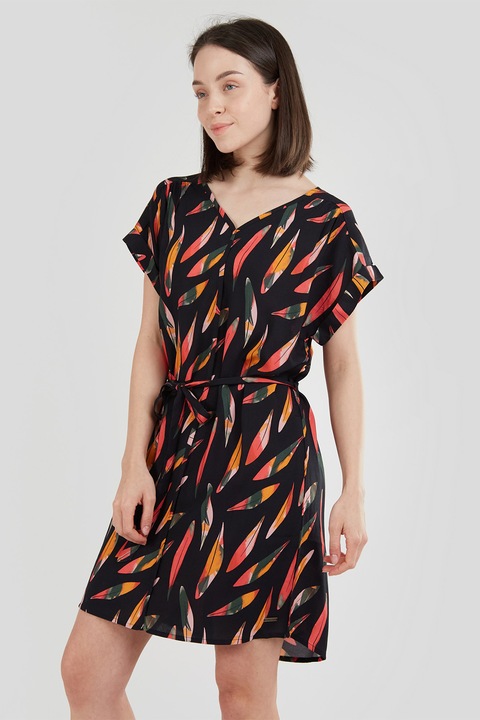 Fundango, Palmetta V-nyakú bő fazonú mintás ruha, Fekete/Narancssárga/Páfrányzöld