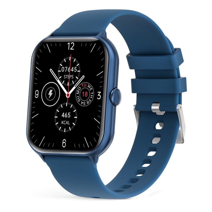 Смарт часовник, MISIRUN, Силиконов, Съвместим с iOS/Android, Син