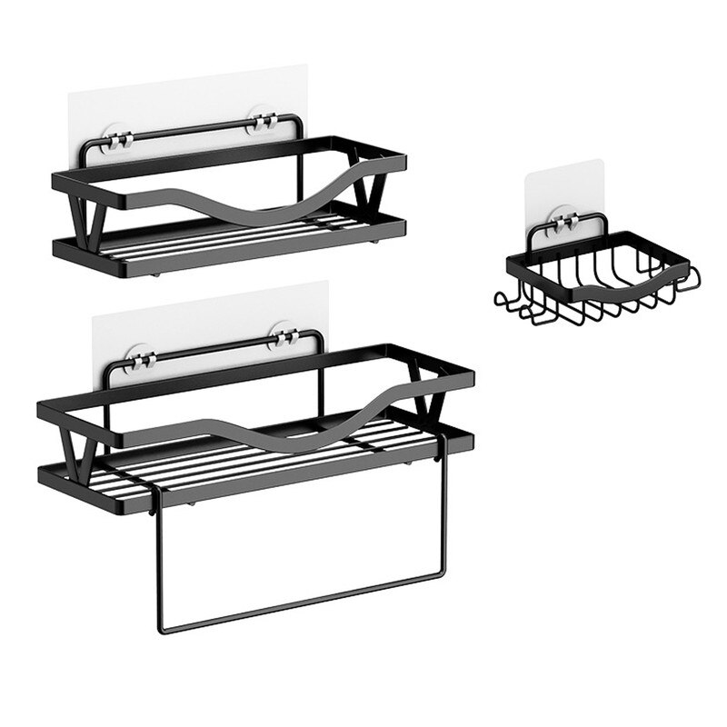 Set de 3 rafturi de baie, suspendate, cu ventuza, negru - eMAG.ro