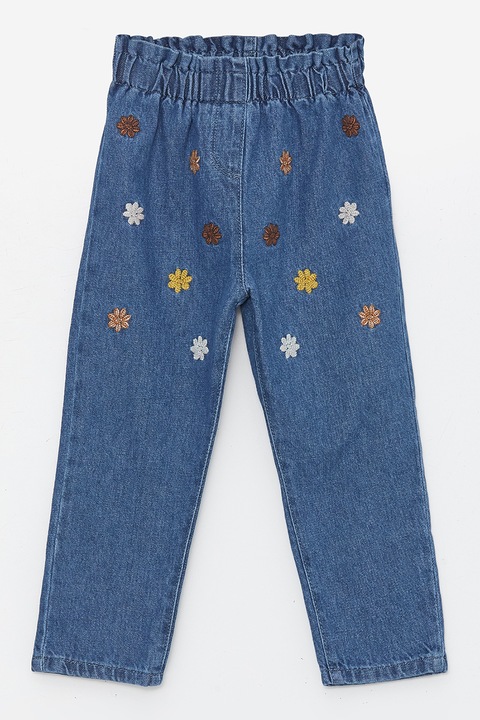LC WAIKIKI, Pantaloni lungi cu banda elastica in talie si broderii florale, Albastru inchis