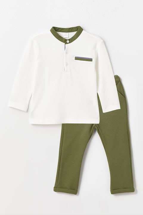 LC WAIKIKI, Set de pantaloni si bluza cu fenta cu nasturi, Alb/Verde masliniu