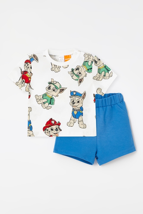 LC WAIKIKI, Set de tricou si pantaloni scurti cu imprimeu, Alb/Albastru inchis