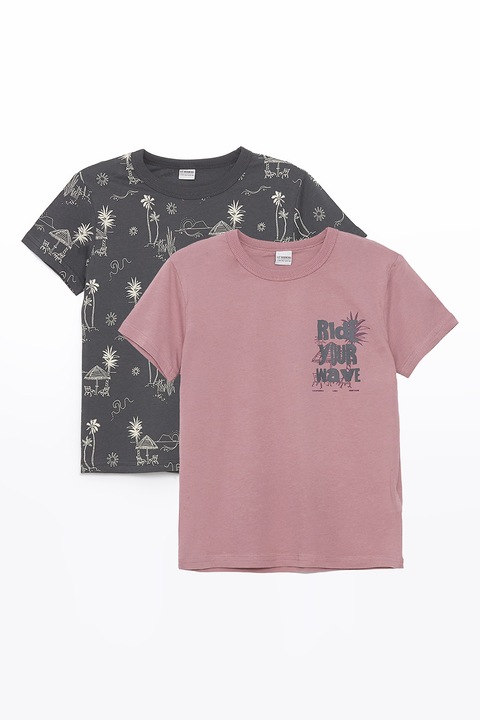LC WAIKIKI, Set de tricouri din bumbac cu imprimeu - 2 piese, Roz prafuit/Negru