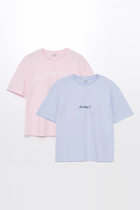 LC WAIKIKI, Set de tricouri cu imprimeu text - 2 piese, Albastru azur/Roz pastel