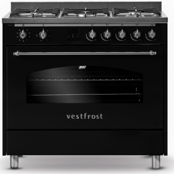 Aragaz rustic Vestfrost VC–993wnPBK, Mixt, 5 arzatoare, Wok, Gratare fonta, Timer, Autocuratare catalitica, Clasa A, 90 cm, Negru