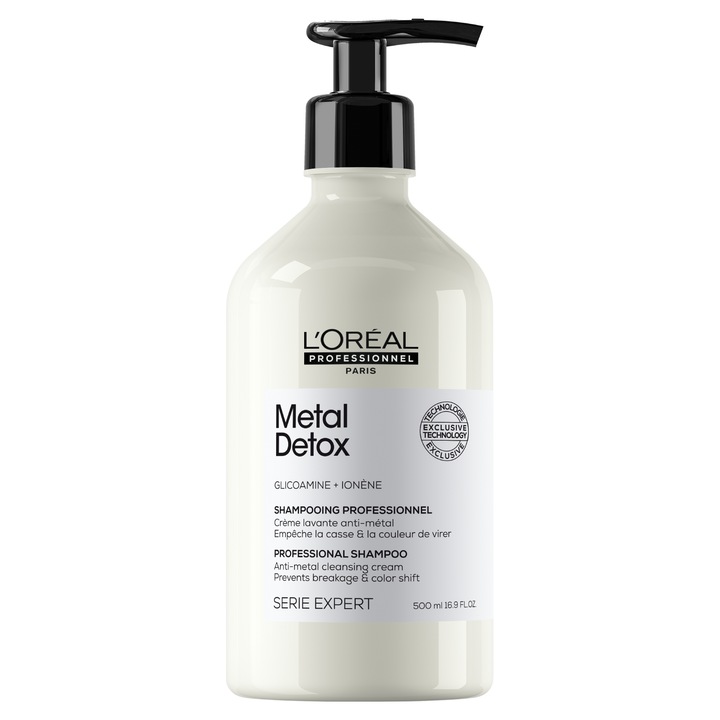 A L'Oréal Professionnel Serie Expert Metal Detox sampon a haj töredezése ellen hat és megőrzi a színét, minden szőkített, festett vagy balayage hajtípusra, SZULFÁTMENTES, 500 ml