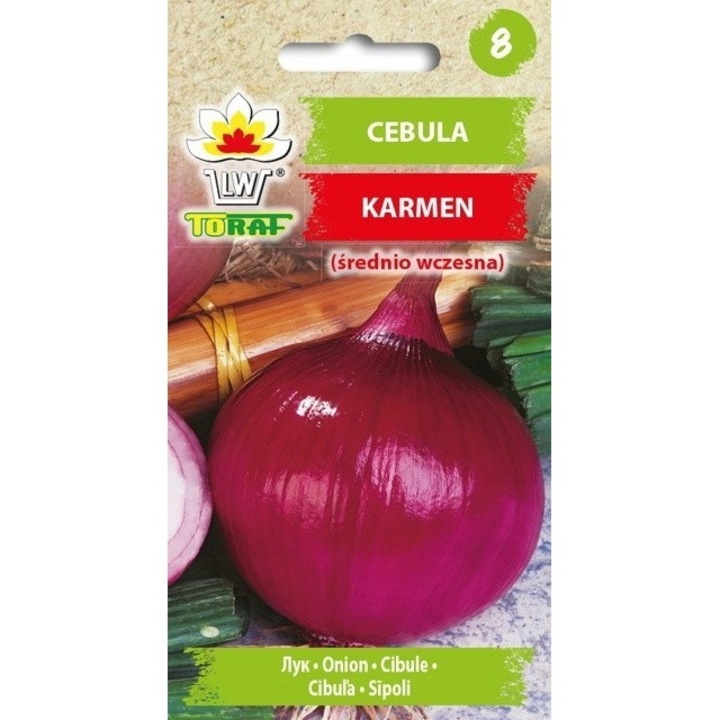 Seminte de ceapa Karmen, 3g, culoare carmin-violet, forma rotunda, gust dulce-picant