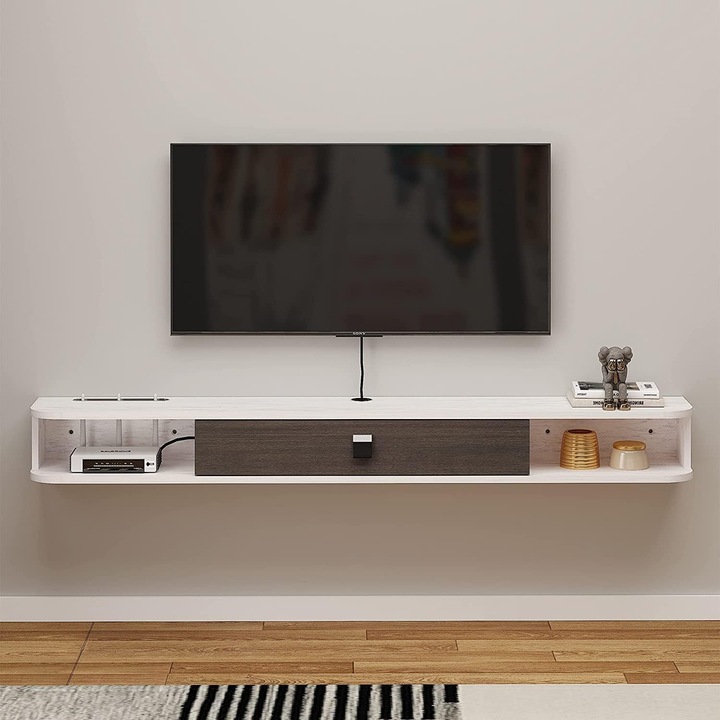 Comoda TV Pmnianhua, Suport Montabil pe Perete, 140 cm, Design Modern, Sertar cu Usi, Gestionare Cabluri, Lemn Stratificat Rezistent, Economisire Spatiu, culoare Alb si Gri