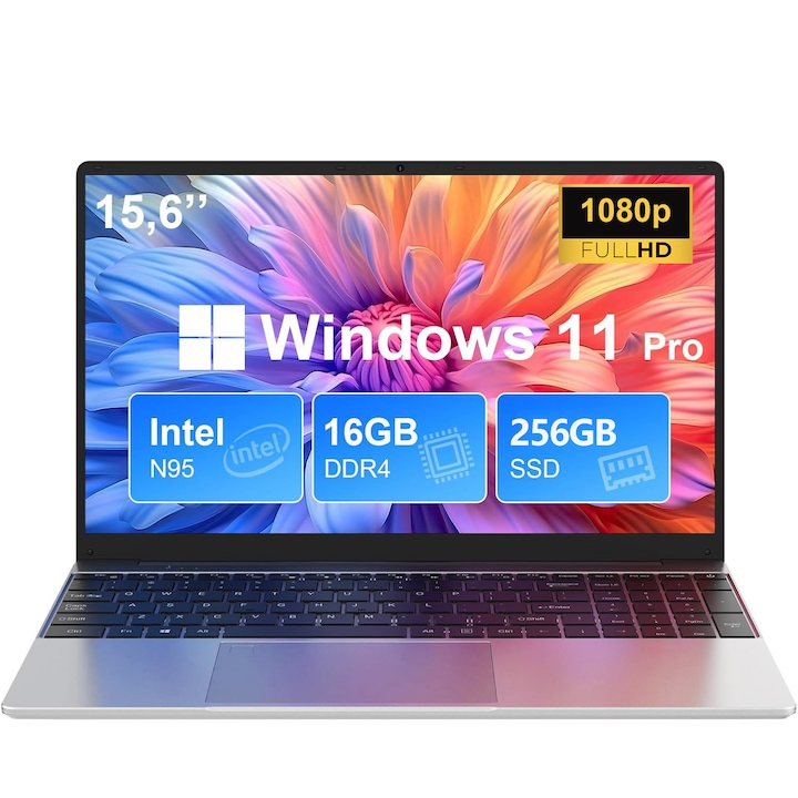 Laptop 15.6" cu procesor Intel Alder Lake N95, pana la 3.4GHz, Windows 11 Pro, 16GB RAM, 256GB SSD, 1920*1080 Full HD, Intel® UHD Graphics, 2.4G/5GHz WIFI, Argintiu