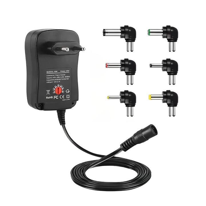 Univerzális AC / DC adapter töltő 6 csatlakozóval, teljesítmény 12W, állítható feszültség 3-12V, 1,2A, univerzális kompatibilitás, fekete