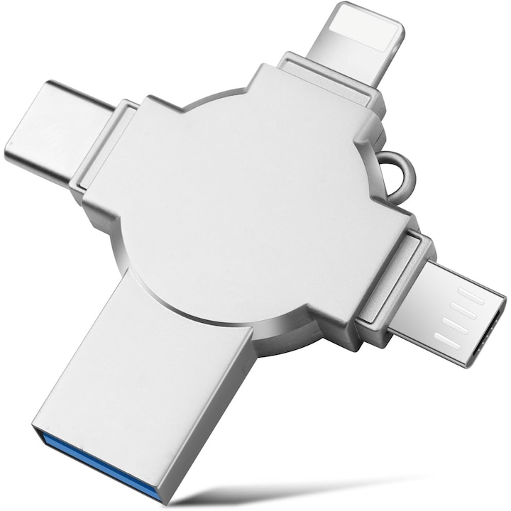 Флаш памет 4 в 1, 1TB, USB 3.0/ Micro-USB/ USB Type-C/ Lightning, Съвместим iPhone/ Android, Nybgyy®, 4 вида връзки, Сребрист