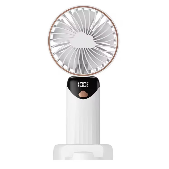Преносим вентилатор, LeXHui, 5 нива на скорост, LED дисплей, USB тип C, с основа, 2400mAh, 3W, бял