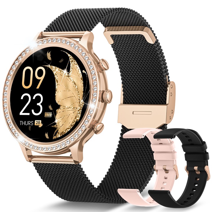 Ceas Smartwatch Dama FOSMET® cu 60 de pietre cubic zirconia, cu apeluri Bluetooth 5.3, ecran HD de 1.32 inch, monitorizare a tensiunii arteriale/ritmului cardiac/SpO2/somn, o curea din otel inoxidabil si doua curele din silicon, negru-auriu