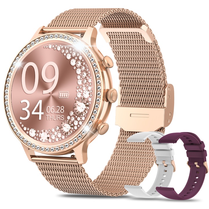 Ceas Smartwatch Dama FOSMET® cu 60 de pietre cubic zirconia, cu apeluri Bluetooth 5.3, ecran HD de 1.32 inch, monitorizare a tensiunii arteriale/ritmului cardiac/SpO2/somn, o curea din otel inoxidabil si doua curele din silicon, auriu rose