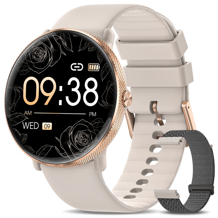 Ceas Smartwatch Dama FOSMET®, ecran AMOLED de 1.39 inchi HD, intotdeauna activ, apeluri si notificari de mesaje prin Bluetooth 5.3, functii de monitorizare a ritmului cardiac/somnului/SpO2/tensiunii arteriale, IP68, limba romana, auriu rose