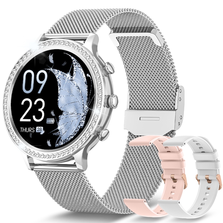 Ceas Smartwatch Dama FOSMET® cu 60 de pietre cubic zirconia, cu apeluri Bluetooth 5.3, ecran HD de 1.32 inch, monitorizare a tensiunii arteriale/ritmului cardiac/SpO2/somn, o curea din otel inoxidabil si doua curele din silicon, argintiu