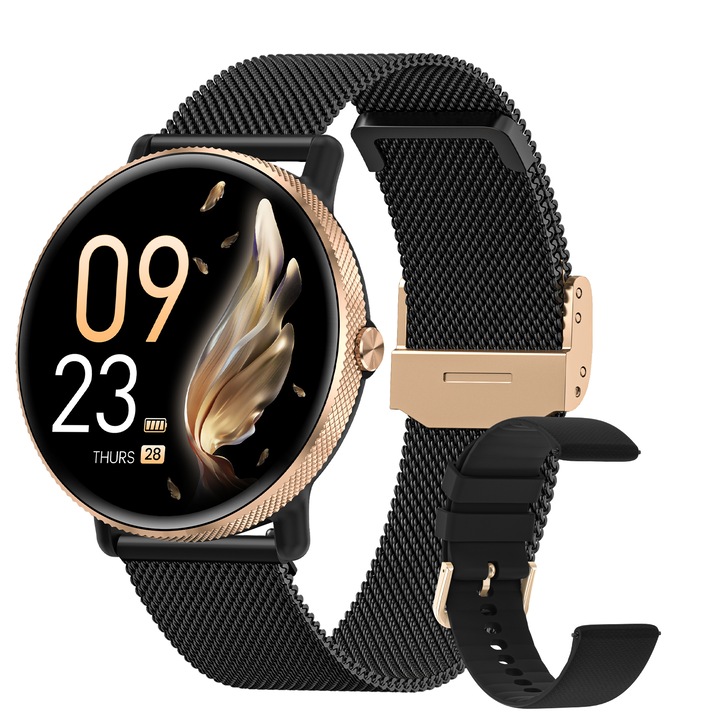 Ceas Smartwatch Dama FOSMET®, ecran AMOLED de 1.39 inchi HD, intotdeauna activ, apeluri si notificari de mesaje prin Bluetooth 5.3, functii de monitorizare a ritmului cardiac/somnului/SpO2/tensiunii arteriale, IP68, limba romana, negru-auriu