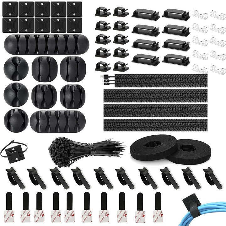 Комплект 173 части Cable Management, JESWO®, пластмаса, многофункционален, за многократна употреба, самозалепващ се за бюро, маса, нощно шкафче