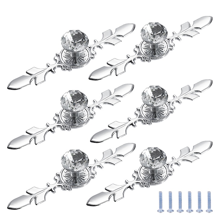 Set 6 manere mobila, TopGearWorld®, Buton mobila, Cristal/Aliaj, Argintiu