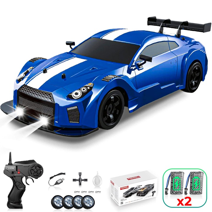 Дистанционно управлявана RC кола, Timebox, Drift car, 20 км/ч, LED светлини, 2 x презареждаеми батерии, сменяеми гуми, NOS спрей с вода, 1:16 за деца / възрастни, Синьо