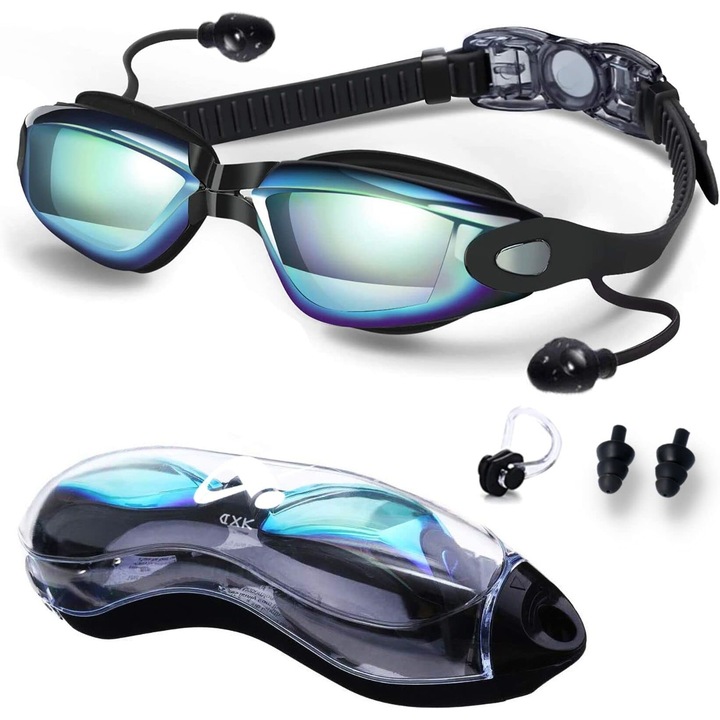 Комплект от 5 унисекс професионални очила за плуване, JENUOS®, поликарбонат/силикон, против замъгляване и висока видимост, регулируема еластична презрамка - удобен и високоефективен дизайн за подводно изследване, UV защита, черни
