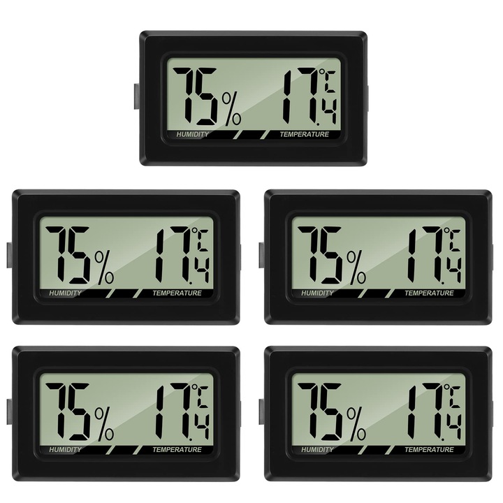 Комплект от 5 мини LCD дигитални термометри/хигрометри, JENUOS®, пластмаса, опора за окачване или стойка, професионална гама, черен