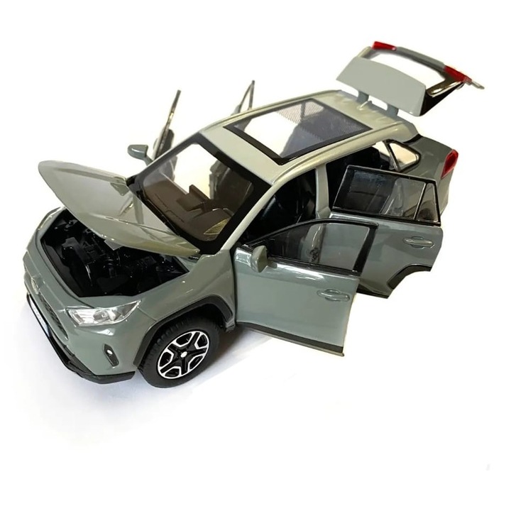 Masinuta metal mecanica, tip Toyota Rav 4, sunete, usi mobile, capota mobila, portbagaj mobil, gri, 15 cm