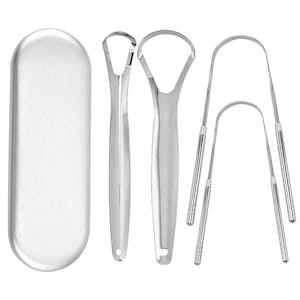 Set 4 bucati ustensile curatare pentru limba, Axroad Mall, Anti halitoza, Rezistent la coroziune, Pentru adulti si copii, Usor de curatat, Cu cutie de depozitare, Imbunatatiti sanatatea orala, Otel inoxidabil, Argintiu