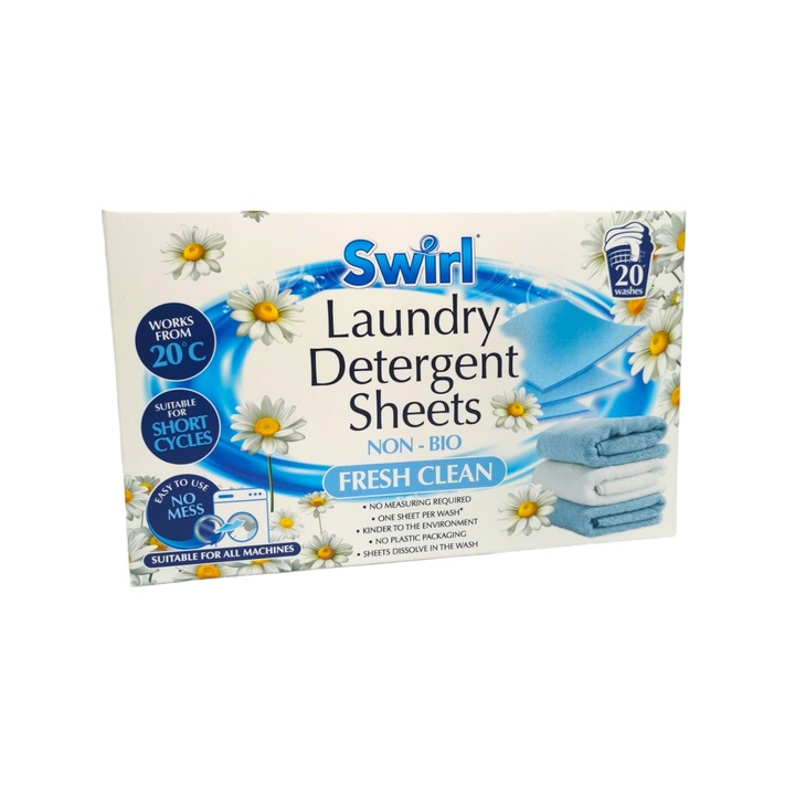 Detergent sub forma de foi, SWIRL, Non-bio, Fresh clean, 20 buc