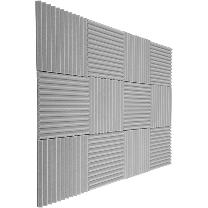 Panou Fonoabsorbant pentru Izolatie Fonica si Zgomot Redus, din Burete Ignifung Poliuretanic, cu Autoadeziv Inclus, pentru Locuinta si Studiouri de Inregistrare Audio, Set 12 Bucati, Dimensiune 30 x 30 x 2.5 cm, Gri, GARAMI SHOP