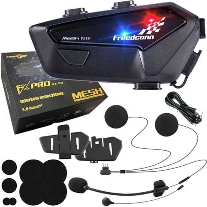Sistem de comunicare moto Intercom, Freedconn FX PRO MESH, conversatie de pana la 6 rideri simultan, Bluetooth 5.0