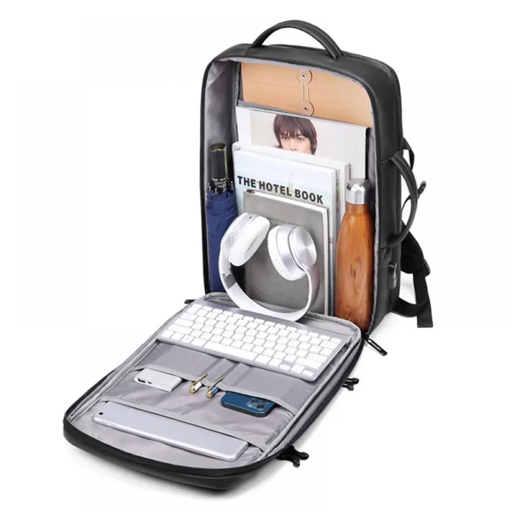 Ghiozdan pentru laptop 15.6 inch, MingLu, 20-39L, port USB, impermeabil, antifurt, rezistent la stropi, dimensiuni 310 x 130 x 440 mm, negru