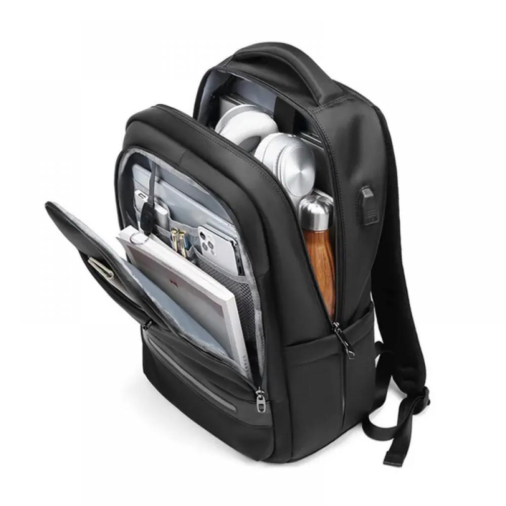 Rucsac pentru laptop 15.6 inch, MingLu, 20-39L, port USB, impermeabil, antifurt, suport pentru ochelari, orificiu casti, dimensiuni 310 x 180 x 460 mm, negru