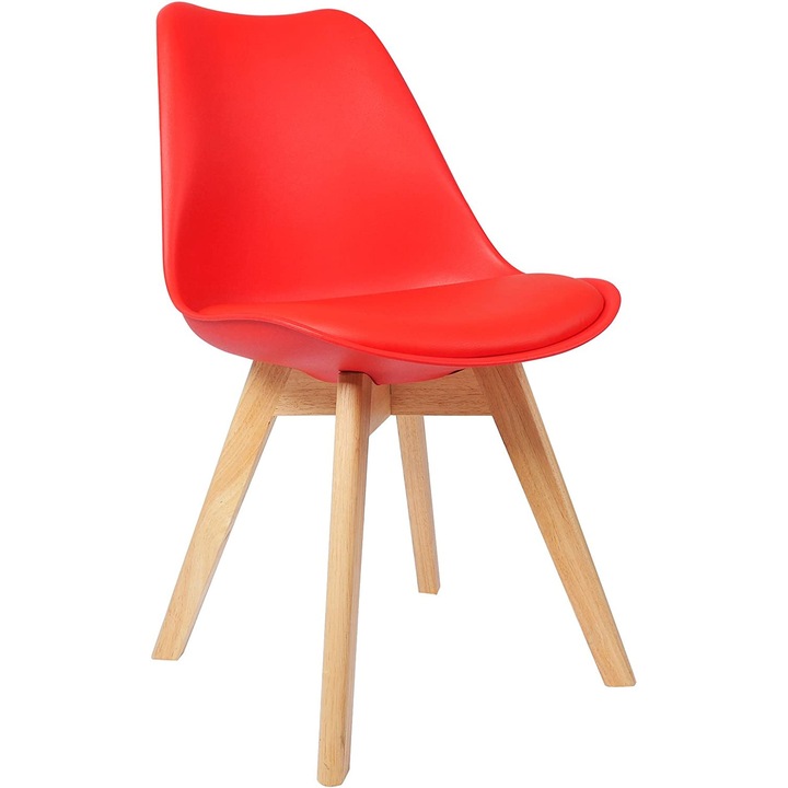 Scaun dining / bucatarie QMOBILI Tori Rosu 2, scoica PP, sezut piele ecologica, picioare lemn fag natur